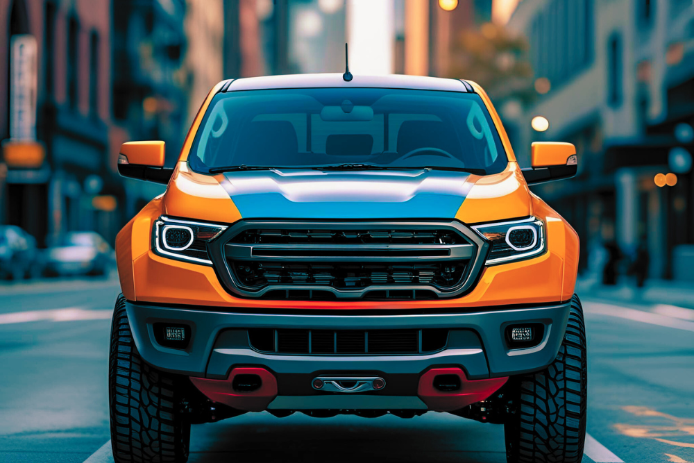 Orange Pick up truck is stopping in the middle of the road