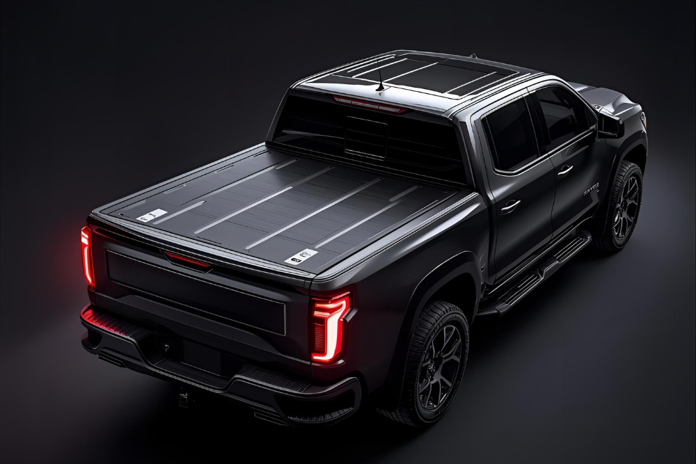 Blacked-out pick up truck with foldable tonneau cover