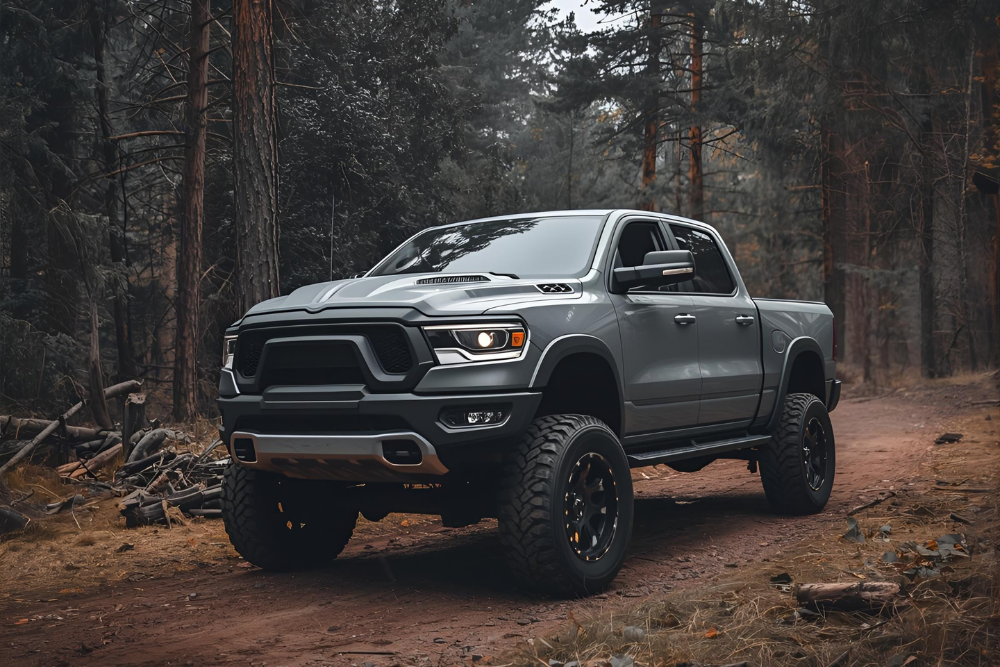 Oversized height pick up truck in the middle of the forest