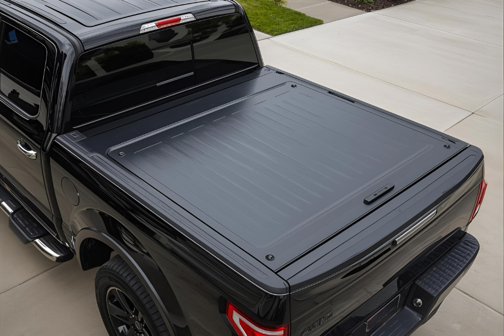 Close up view of a black pick up truck with back cover