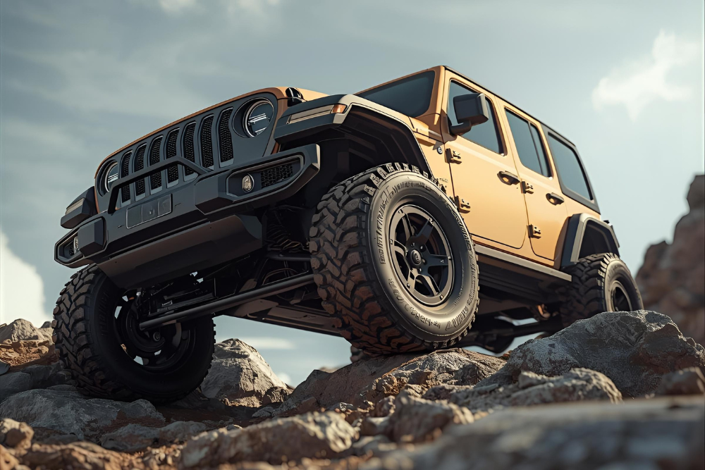 Offroad vehicle stopping at the rocky edge road