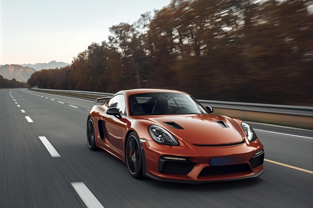 Orange sports car in the highway about to speed up