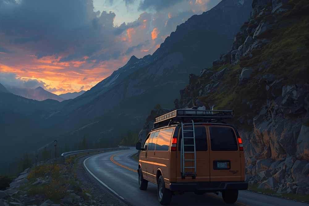 Orange van with ladder rack at the back