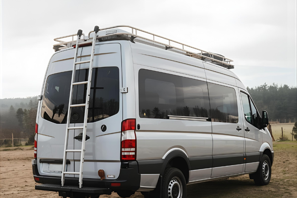 White van with ladder and roof rack installed