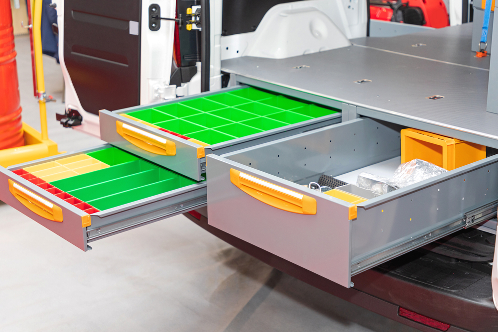 Multiple drawer and shelves installed on a van