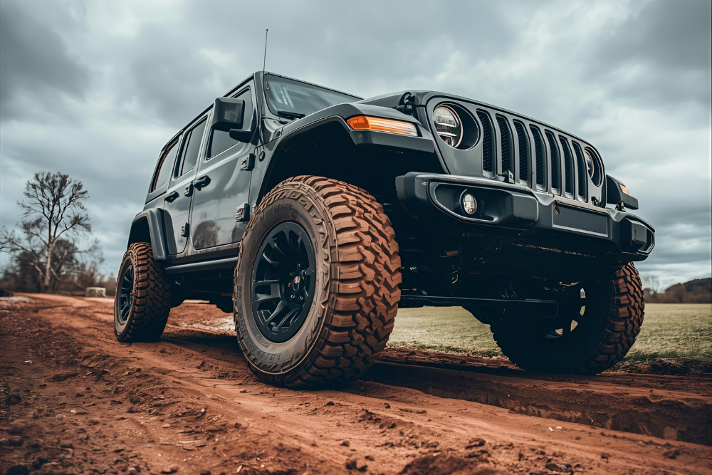 Gray suv goes offroad with dirty tires